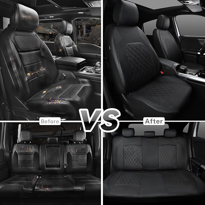 Universal Deluxe Pu Luxury Vinyl Faux Leather Car Seat Covers Full Set, Airbag Compatible, Breathable, Fit for Cars, Trucks, 