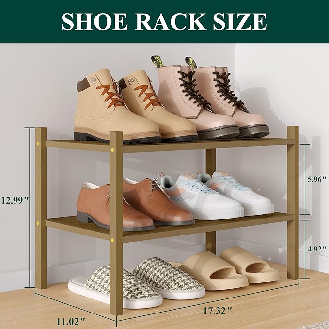 Smiry Small Bamboo Shoe Rack 2-Tier, Stackable Wooden Shoe Organizer for Entryway & Closet, Free Standing Wood Shoe Storage S