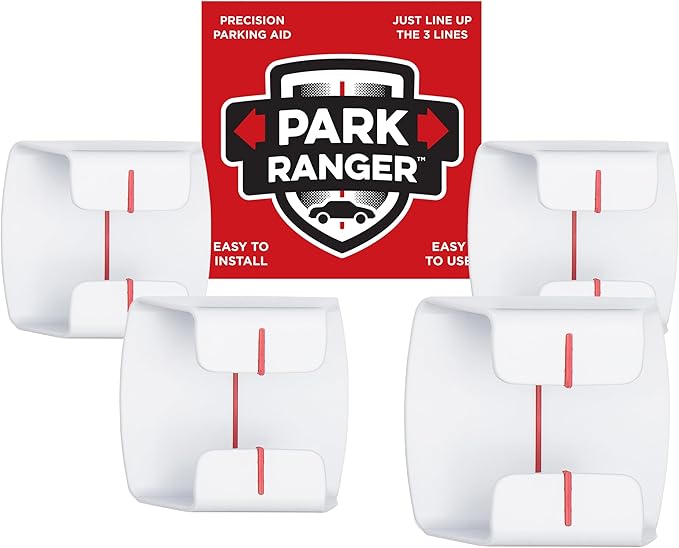 Park Ranger 4 pcs: U.S.A. Made Garage Parking Aid Bright White Amazingly Simple Perfect Assist Gadget Stop Indicator, Easy Install Stopper Peel & Stick Tape & Wall Decals 1 per Vehicle