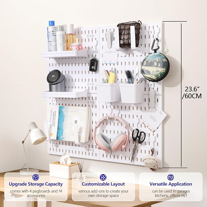 Pegboard Combination Kit, Modular White Pegboard Wall Organizer with 4 Pegboards & Accessories Hanging for Gaming Office Wall