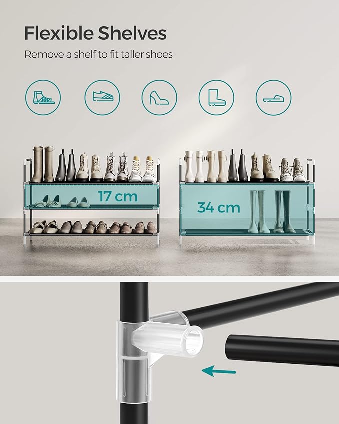 SONGMICS 3-Tier Shoe Rack, Shoe Storage for Hallway Closet, Slim and Space-Saving, Metal Frame, Non-Woven Fabric Shelves, Bla
