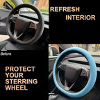 PINCTROT Nappa Leather Steering Wheel Cover for Tesla Model Y/3 Highland/Juniper, D Shaped 14 Inch Small Sized with Breathabl