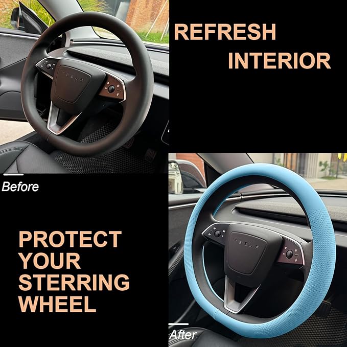 PINCTROT Nappa Leather Steering Wheel Cover for Tesla Model Y/3 Highland/Juniper, D Shaped 14 Inch Small Sized with Breathabl