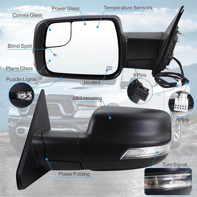 Left Driver Side Mirror Fits 2019-2026 Ram 1500 With Power Folding Heated Turn Signal Puddle Light Blind Spot Temperature Sensor Matte Black Replace#68462771AB(9+6Pins)