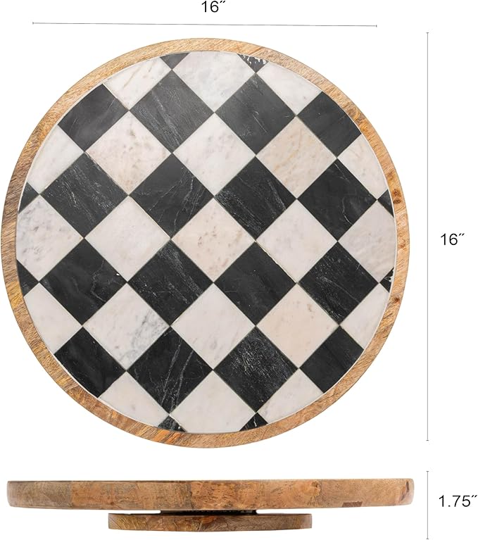 Creative Co-Op Checkered Lazy Susan in Mango Wood and Marble, White, Black and Natural