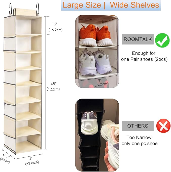 Large-Sized Hanging Shoe Organizer 8-Shelf, Hanging Closet Organizer with 8 Side Pockets, Wider Hanging Shelves for Storage S