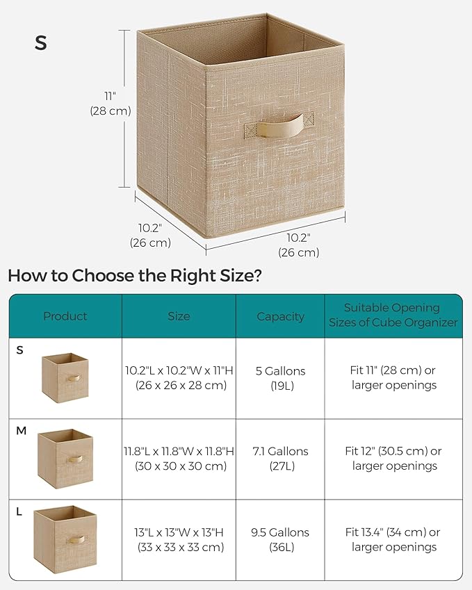 SONGMICS Storage Cubes, 11-Inch Non-Woven Fabric Bins with Double Handles, Set of 6, Closet Organizers for Shelves, Foldable,