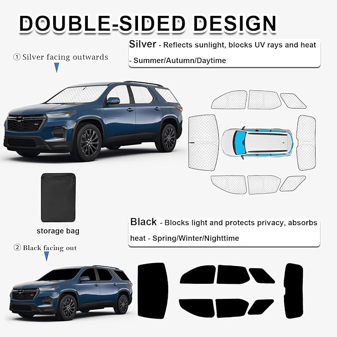 KMF 8pcs Thicken Sun Shades for Chevy Traverse 2018-2023 Accessories,Chevrolet Full Car Window Covers Sunshade for Windshield Side Rear, UV Block and Blackout Privacy for Car Camping Outdoor