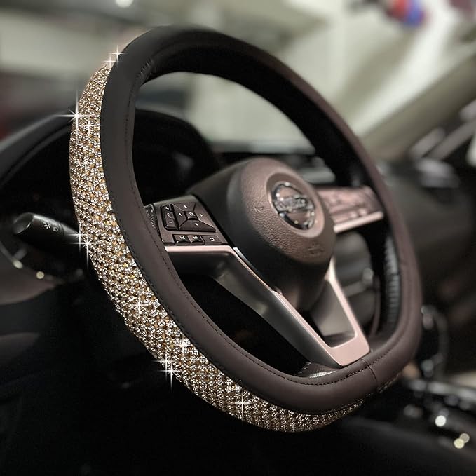 PINCTROT D Shaped Bling Comfy Steering Wheel Cover with Jumbo Crystal Rhinestones, Anti-Slip Diamond Leather, Flat Bottom 14.5-15 Inch (Gold)