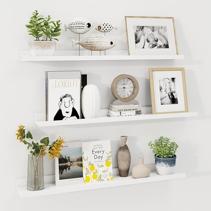 Axeman 36 Inch Floating Shelves | White Picture Ledge Shelf Set of 3 | Rustic Wood Wall Shelves with Lip | 36" White Picture 