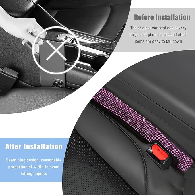 2PCS Bling Car Seat Gap Filler, Sparkling Rhinestone Side Seat Gap Blocker Stop Things from Dropping, Soft Foam Car Truck Filler Blocker Fill The Gaps Between Seats and Console (Pink)