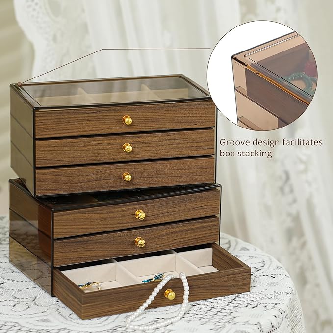 CLUQMEIK 3-layer Wooden Drawer Jewelry Organizers and Storage Box with Grey Acrylic Lid and Velvet Lining, Jewelry Box for Wo
