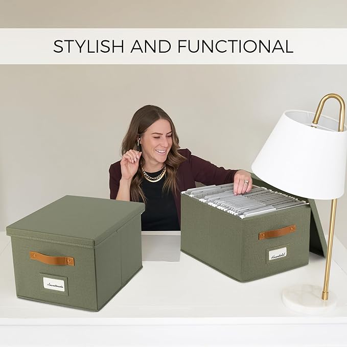 ZICOTO Decorative File Organizer Box Set of 2 - Collapsible Linen Filing Cabinets w/Handles Are Perfect to Store all Your Doc