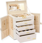 Homde Synthetic Leather Huge Jewelry Box Mirrored Watch Organizer Necklace Ring Earring Storage Lockable Gift Case (White + G