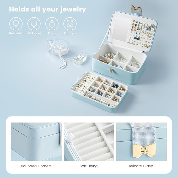 Lolalet 2 Layer Jewelry Box for Teen Girls & Young Women, Jewelry Organizer Case with Bow Clasp and Mirror for Earrings Rings