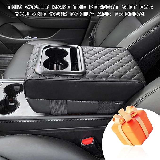 Car Center Console Armrest Pillow, 14"×8.3" Memory Foam Auto Armrest Box Cover with Cup Holder & Phone Holder, Waterproof Leather Arm Rest Protector Cushion, Car Accessories (Diamond Pattern)