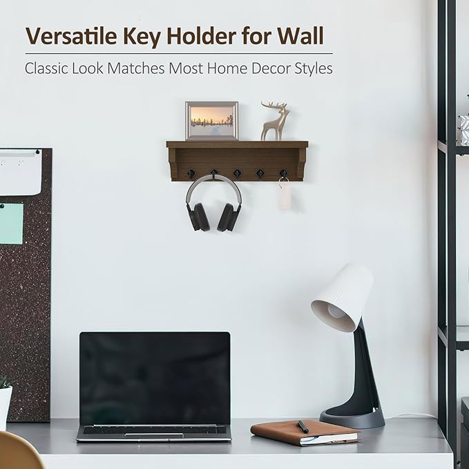 Nekon Key Holder for Wall, 11.8" W x 3.5" H x 2.8" D Decorative Key Organizer with Floating Shelf, Wall Mount Key Rack with 5