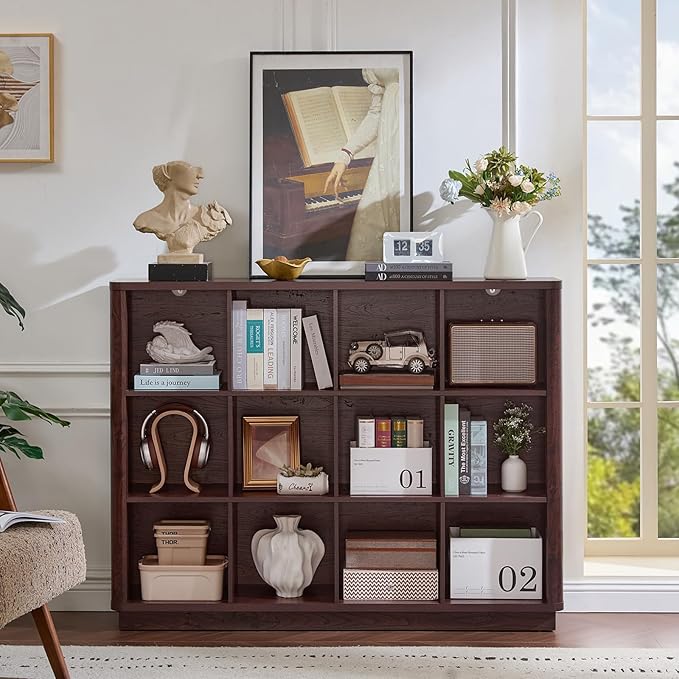 Joaxswe 12 Cube Storage Organizer, 41" Large Bookshelf with Curved Edge, Wood Floor Standing 3-Tier Cubby Bookcase w/Base, Vi