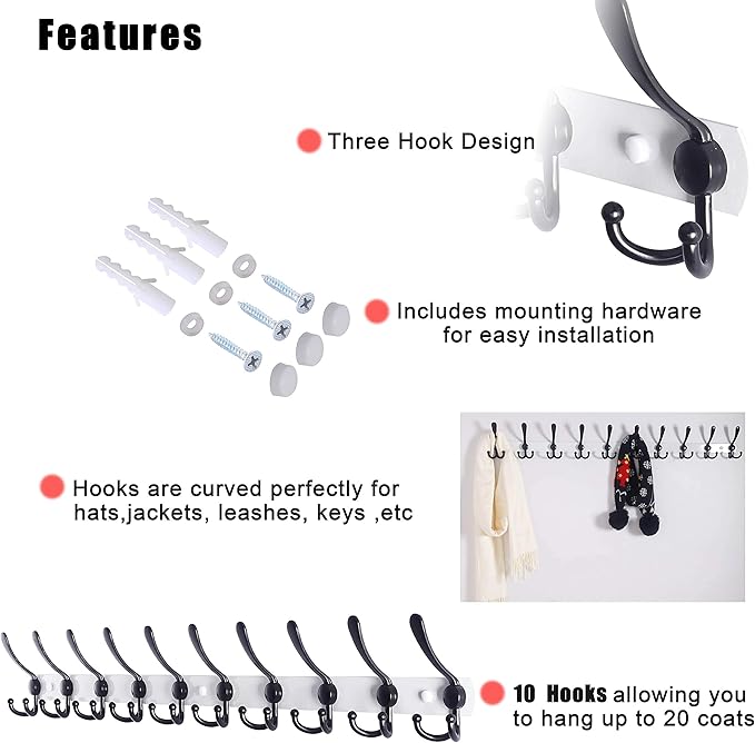 Dseap Coat Rack Wall Mount - 38” Long 10-Tri-Hooks Heavy Duty Coat Hanger Rail Wall Hooks for Hanging Coats Hats Clothing Clo