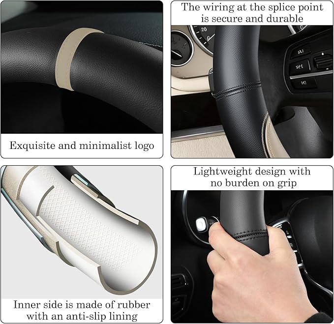 Black Beige Car Steering Wheel Cover, Nappa Leather, Bottom Color Blocking, Universal 14.5-15 Inch Leather Anti-Slip Breathab
