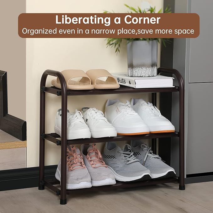 Gonfoam 3-Tier Expandable Shoe Rack,Adjustable Shoe Shelf Storage Organizer Heavy Duty Metal Free Standing Shoe Rack for Entr