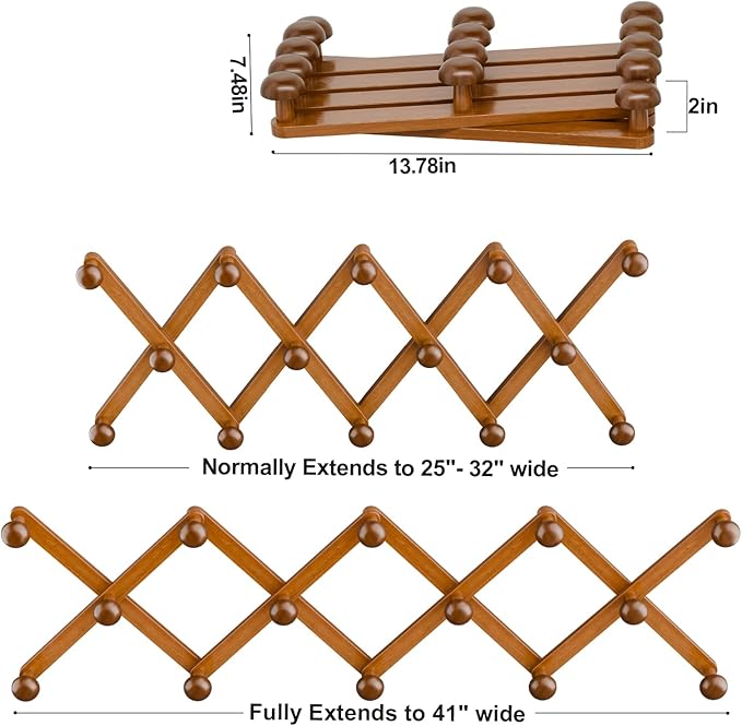 WGFKVAS Hat Rack for Wall with 14 Hooks, Solid Wooden, Expandable Coat Rack Wall Mount for Coats, Hats, Bags, Baseball Caps, 