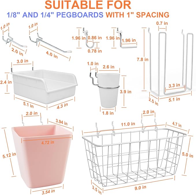 Pegboard Basket Organizers, Peg Board Large Baskets Hooks Bins Cups Tool Organizer 42 Pack Set, Wall Storage Display Hanging 
