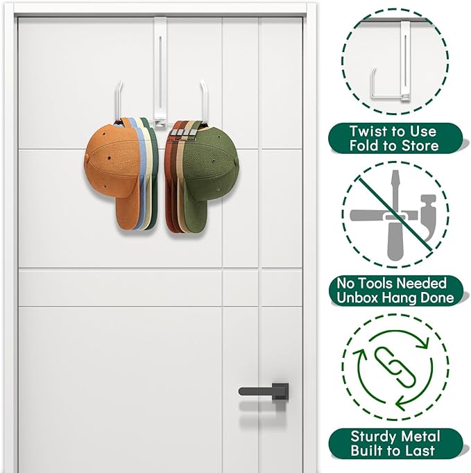 2-in-1 Foldable Over Door Hat Rack Organizer for Baseball Caps, Rotating Metal Hooks, Space-Saving Portable Storage for Hats 