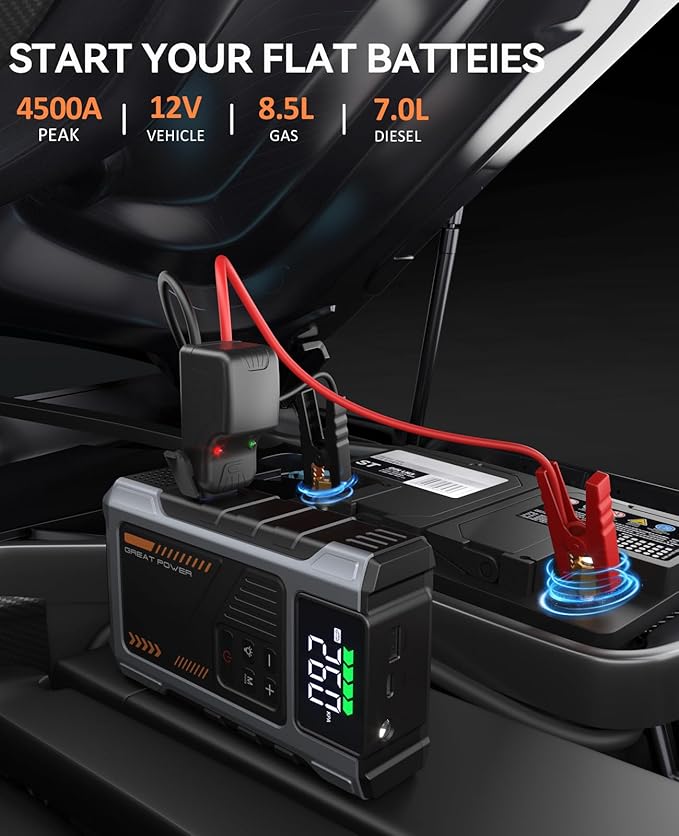 Portable Jump Starter with Air Compressor 4500A Peak with 150PSI Tire Inflator, Jump Box for 12V Car Battery Power Booster