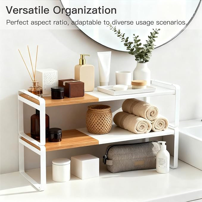 Expandable Cabinet Shelf Organizer & Spice Rack, Stackable Kitchen Counter Riser with Anti-Slip Legs, Bamboo Cupboard Storage