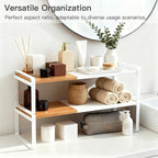 Expandable Cabinet Shelf Organizer & Spice Rack, Stackable Kitchen Counter Riser with Anti-Slip Legs, Bamboo Cupboard Storage
