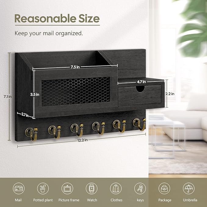 FifthQuarter Key and Mail Holder for Wall, Mail Organizer Wall Mount with 6 Hooks and Storage Drawer, Easy Installation Key R