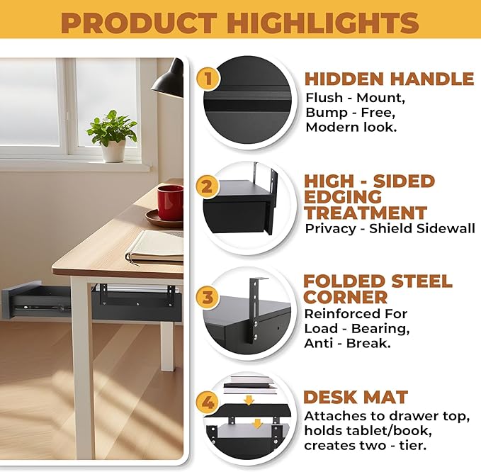 POPMOON 16 Inch Under Desk Drawer,Adjustable Height,Under Desk Drawer Slide Out, Metal Storage Drawer with Cable Management f