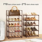 Tall 10 Tier Shoe Rack - 20-24 Pair Storage, Sturdy Metal Shoe Organizer with Hooks for Closet, Entryway, Brown