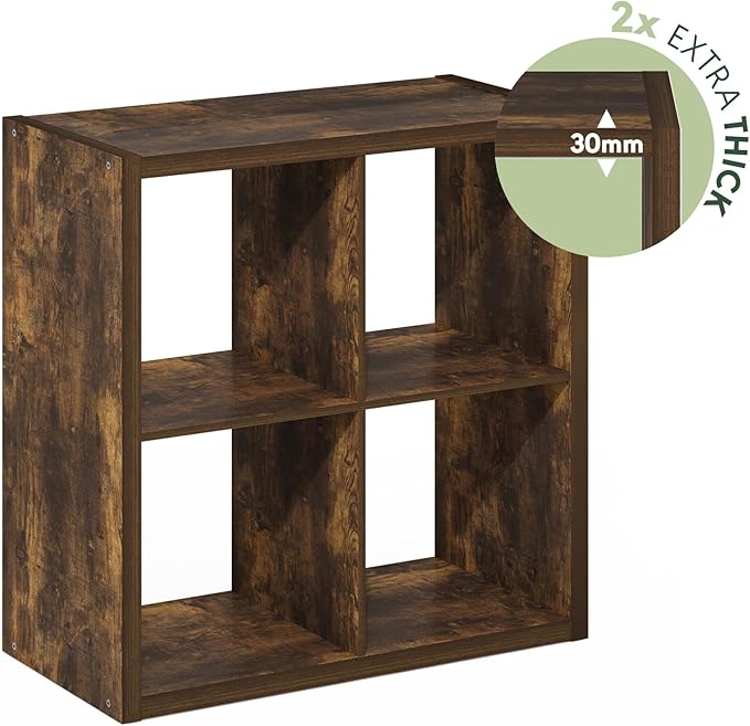 Furinno Cubicle Book Shelf, 4-Cube Bookshelf, Extra Thick Frame Reversible Bookcase with Open Back, 14.6" x 30" x 30", for Li