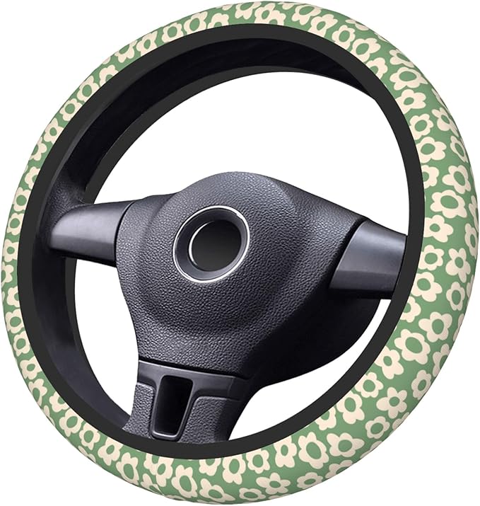 Vintage Groovy Flowers Steering Wheel Cover Cute Universal 15 Inch Car Accessories Protector for Women Fit Auto SUV Sedan Van