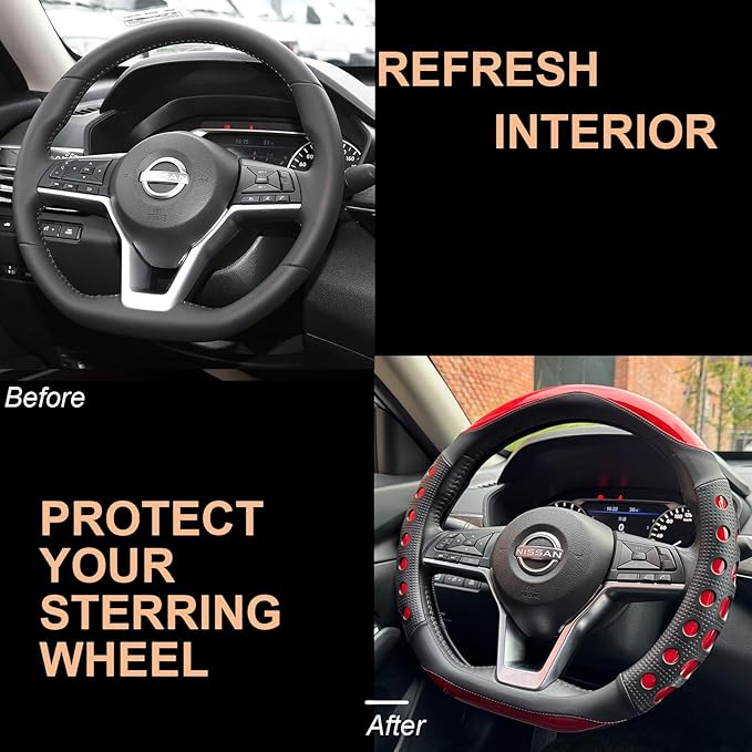 PINCTROT D Shaped Race Grip Steering Wheel Cover, Anti Slip Silicone Perforated Design with Soft Touch Padding, Enhanced Grip for Sporty Driving Flat Bottom 14.5-15 Inch (Racing Red)