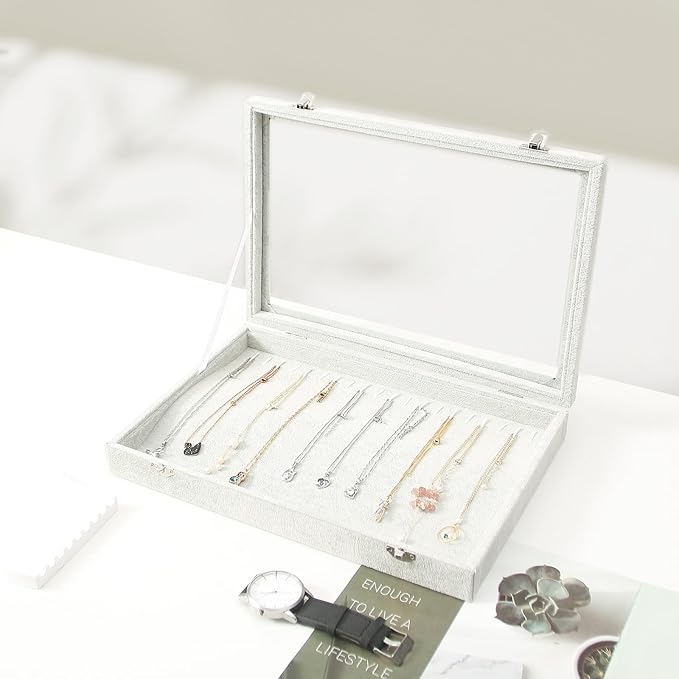 Coward 20 Hooks Necklace Organizer Jewelry Box, Grey Beige Velvet Necklace Display Tray Case with Transparent Glass Lid for H