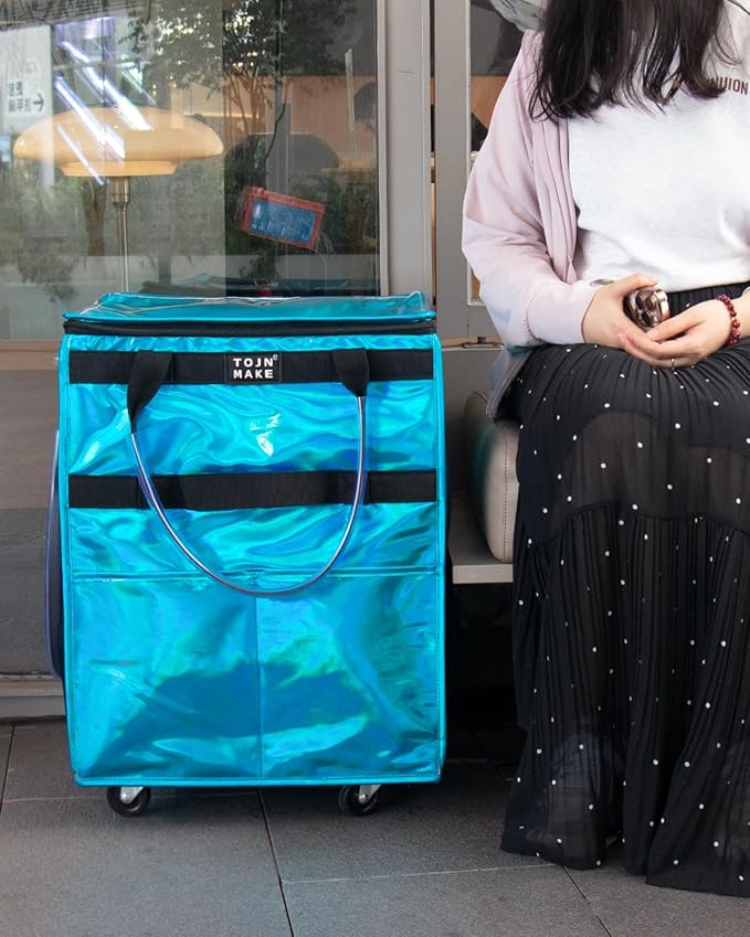 Reusable Grocery Bag On Wheels, Shopping Trolley, Rolling Tote with 8 Pockets and Zipper Cover, Foldable, Heavy Duty Handles, Carries Up to 46 LBS (Medium, Glitter Blue)