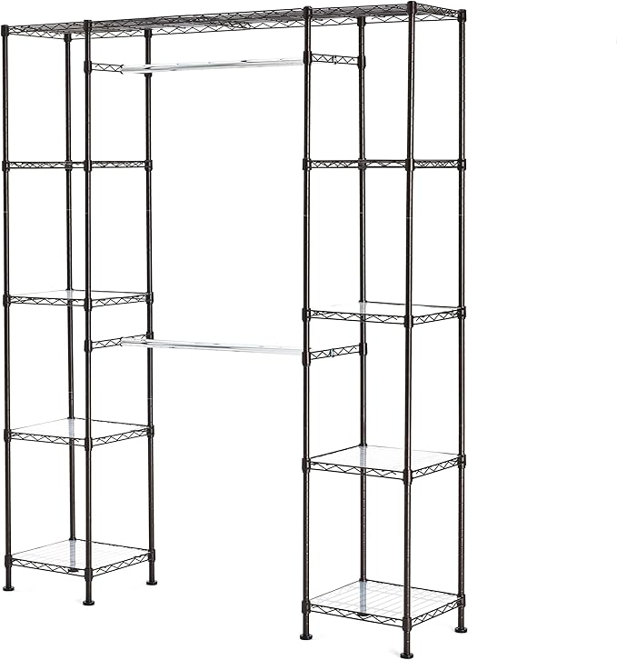 Amazon Basics Expandable Metal Hanging Closet Organizer and Storage Rack Wardrobe with Shelves, 57-80''L x 14''W x 72''H, Bro