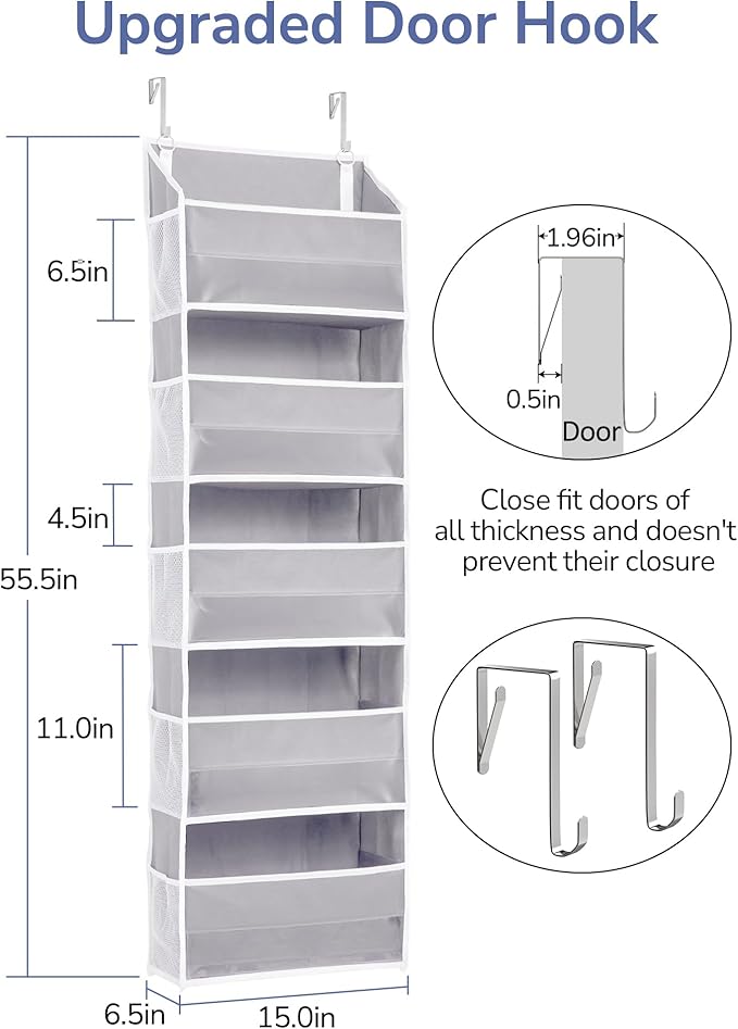 ULG 1 Pack Over Door Organizer with 5 Large Pockets 10 Mesh Side Pockets, 44 lbs Weight Capacity Hanging Storage Organizer wi