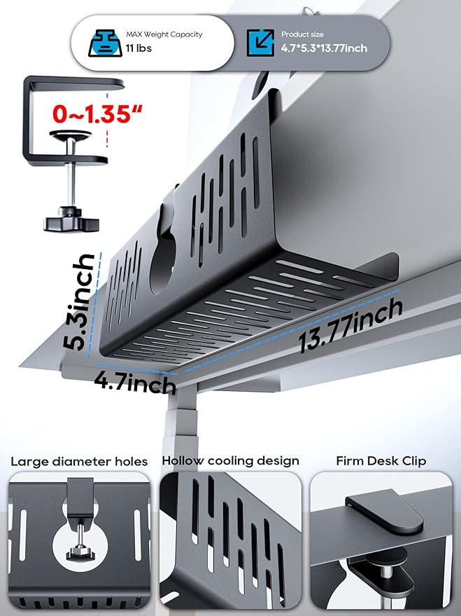 NODOCA No Drill Under Desk Cable Management Tray, 14'' Wire Management, Punch-Free Clamp on, Metal Cable Tray, Wire Organizer