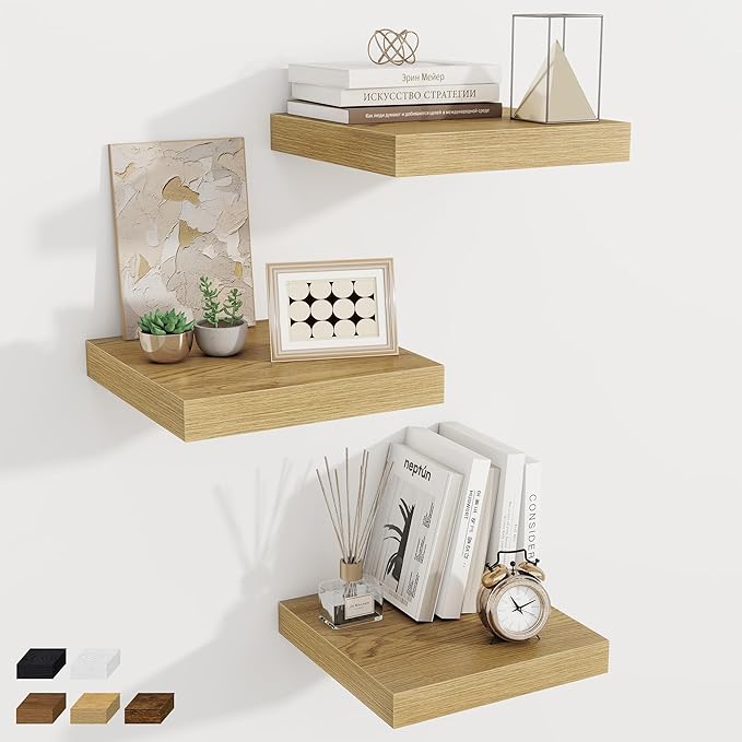 Fun Memories 12 Inch Square Floating Shelves 3 Pack - Wall Shelves with Invisible Brackets, Small Floating Shelves for Wall, 