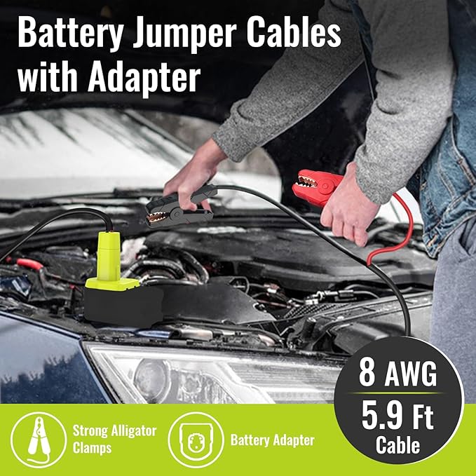Jumper Cables Adapter Compatible with Ryobi 18V Battery, 8AWG 5.9FT Portable Battery Jump Starter for Starting Car Light Vehicles