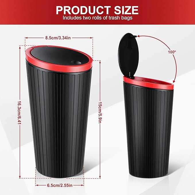 SINGARO Car Trash Can with Lid, Leakproof Mini Garbage Bin for Car Cup Holder, Small Trash Can for Vehicle, Home & Office - Includes 30 Bags, Easy Clean (Black-Red)