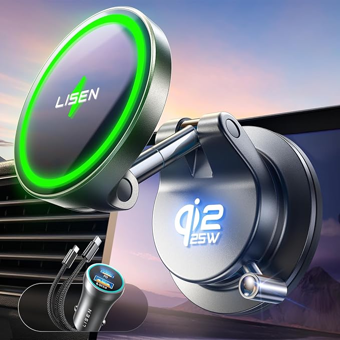LISEN Qi2.2 25W Magsafe Car Mount Charger,[More Stable & Faster Charging] Suction Cup Phone Mount, Wireless Car Charger 25W for iPhone 17 16 Samsung Galaxy S26 Ultra,15W for iPhone 17e 15 14 13 12