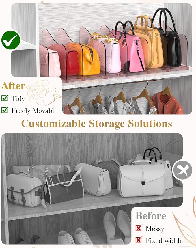 SURETIVIAN Rose Purse Dividers for Closet, 2 Pack Clear Clutch Purse Closet Organizers, Adjustable Handbag Storage Organizers