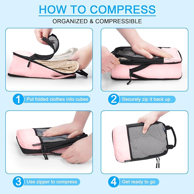 4 PCS Set Compression Packing Cubes for Travel, Lightweight Packaging Organizer Bags for Carry On Space Saving, Travel Essent