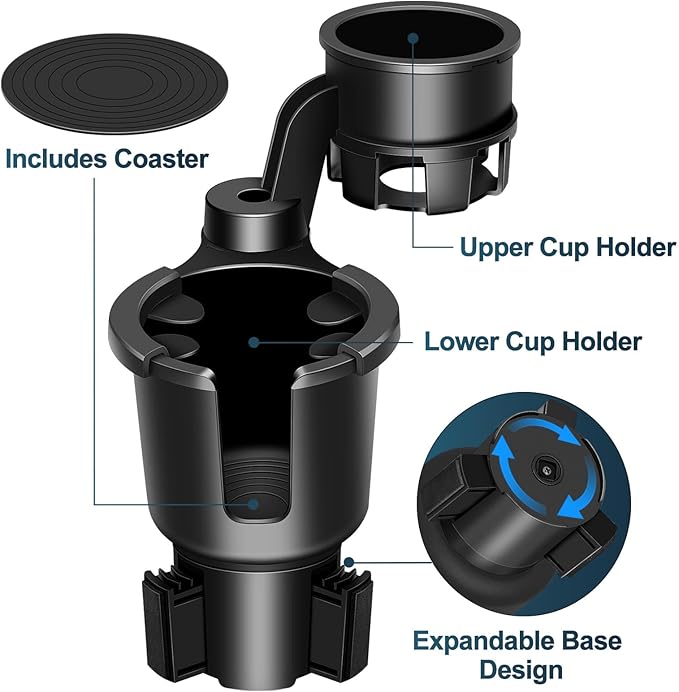 JPart Car Cup Holder Expander, Cup Holder Expander, Cupholder Expander with Adjustable Extension Base and 360° Rotation Desig