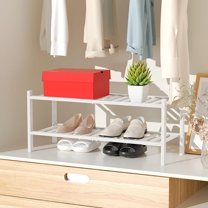RONGJlA 2 Tier Bamboo Shoe Rack for Closet Free Standing Wood Shoe Shelf Storage Organizer for Entryway Small Space Stackable